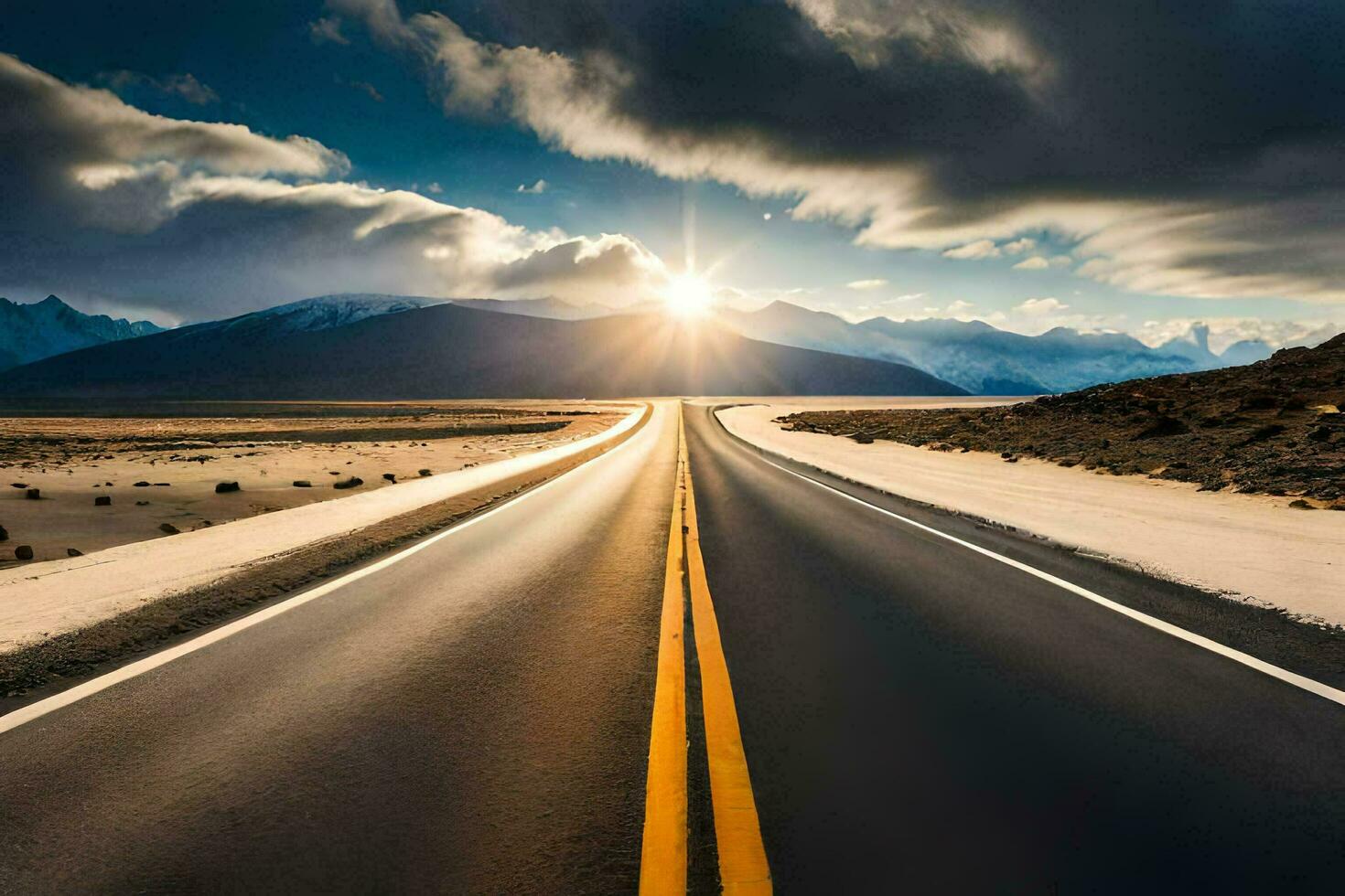 the sun shines over a long road in the middle of a desert. AI-Generated photo