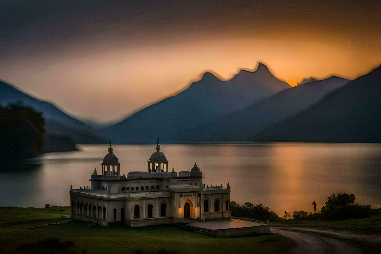 a small church sits on the edge of a lake. AI-Generated photo