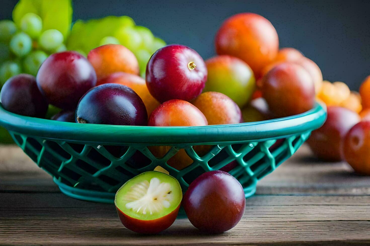 a basket of grapes and plums on a wooden table. AI-Generated photo