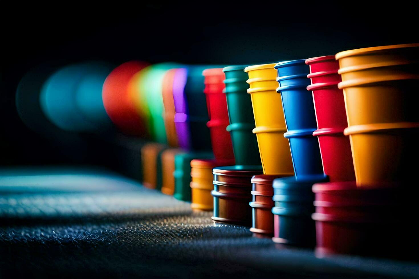 colorful barrels lined up on a dark surface. AI-Generated photo