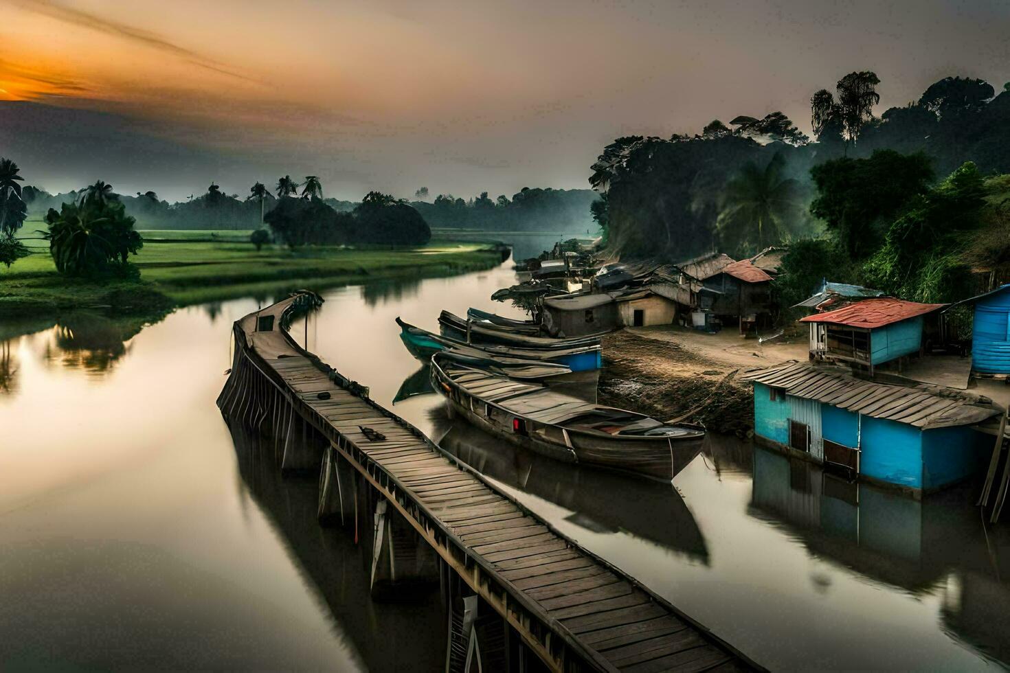 boats are docked along the river at sunset. AI-Generated photo