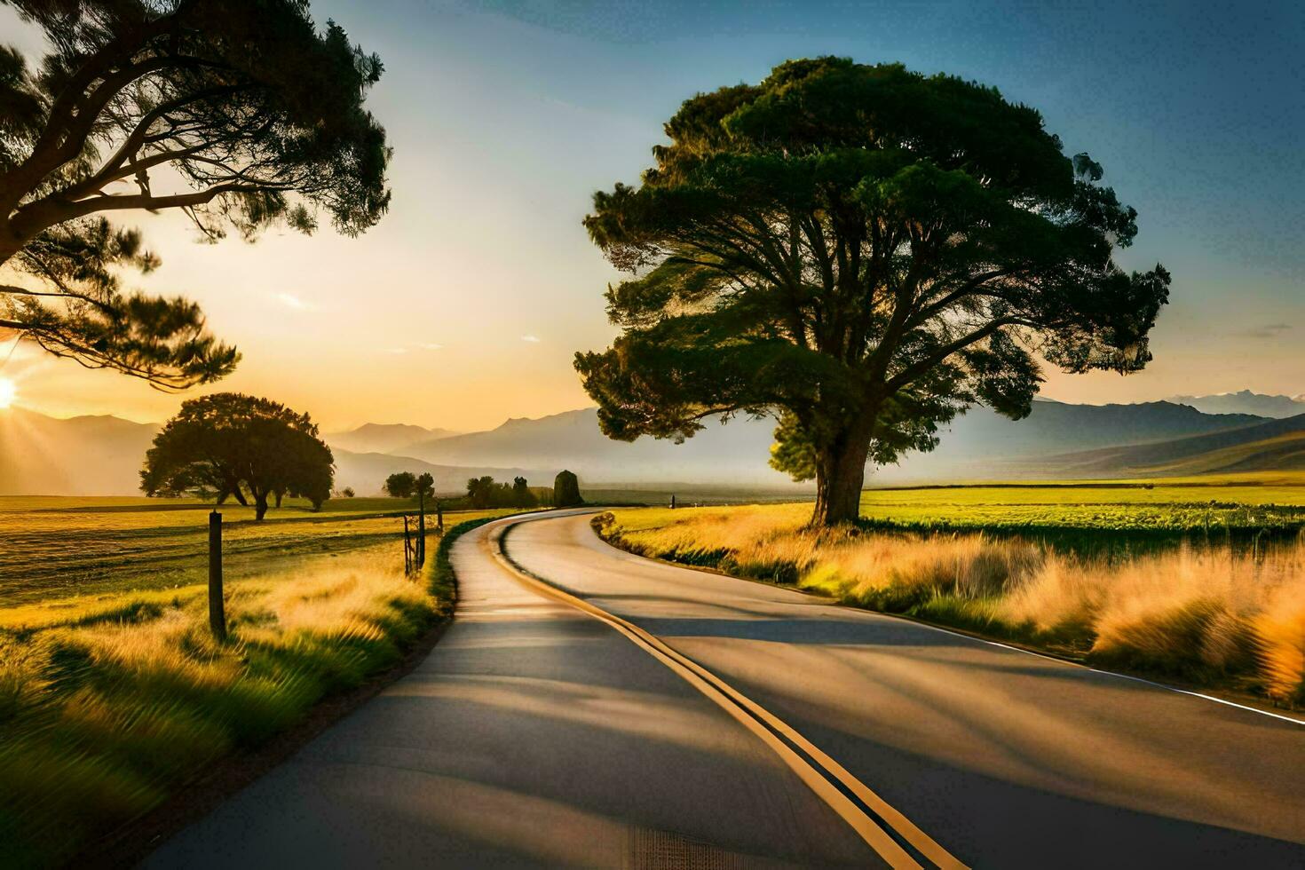 a country road at sunset with trees and grass. AI-Generated photo