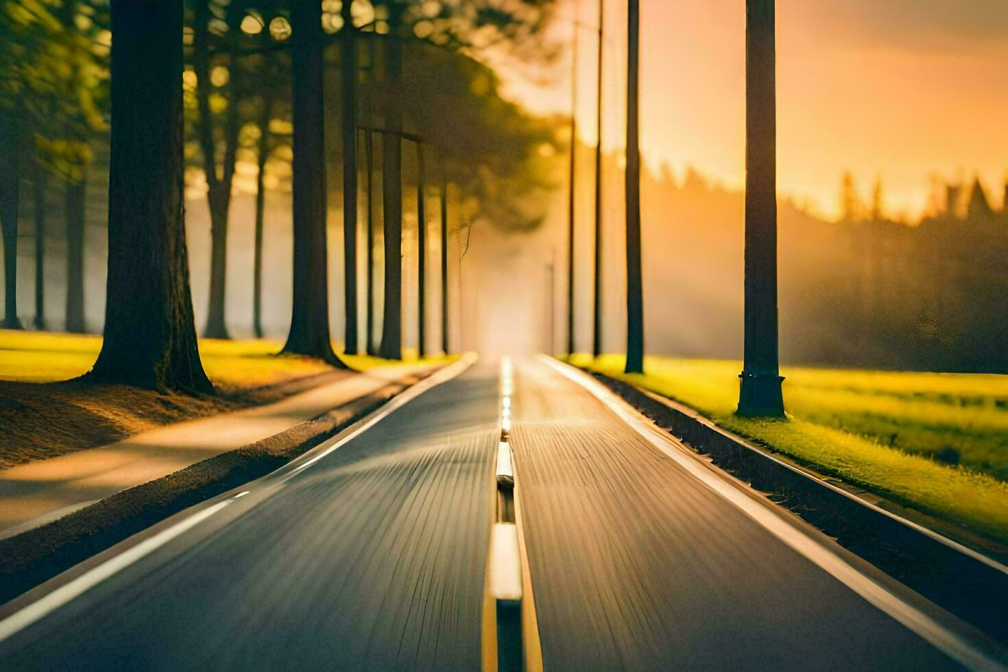 a long road with trees and a sunset in the background. AI-Generated photo