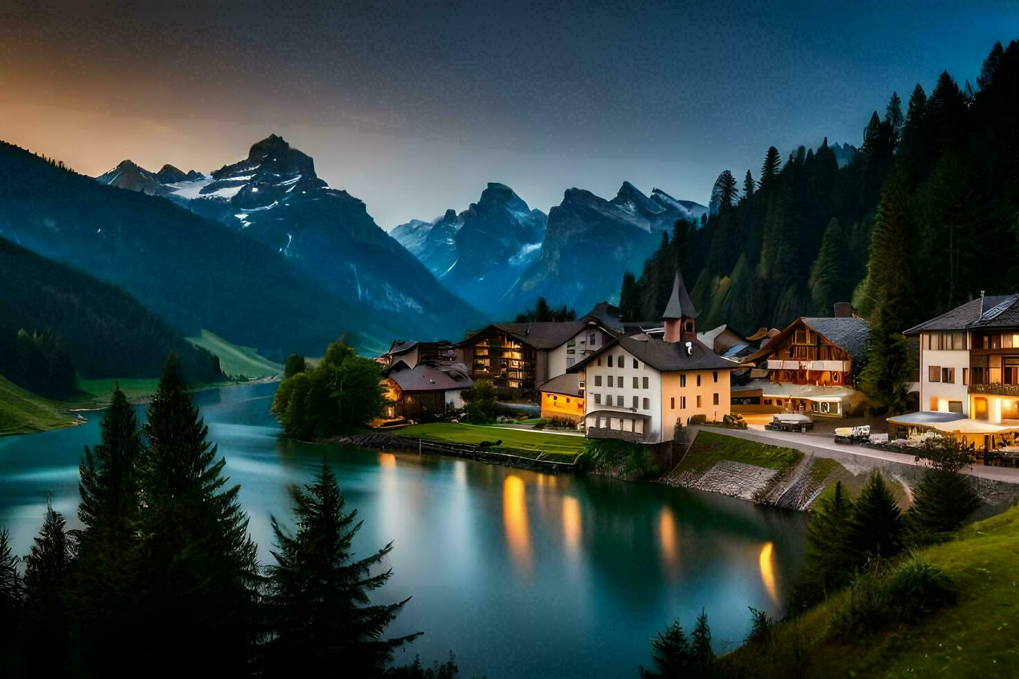 a beautiful mountain village with a lake and mountains in the background. AI-Generated photo
