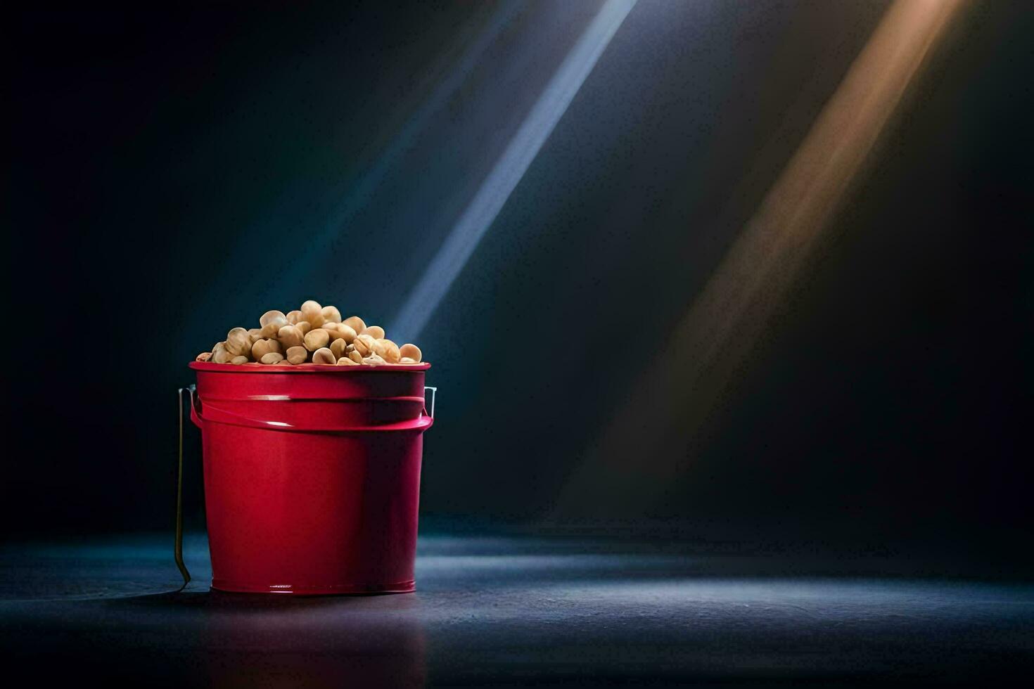 a bucket of popcorn on a dark table. AI-Generated photo