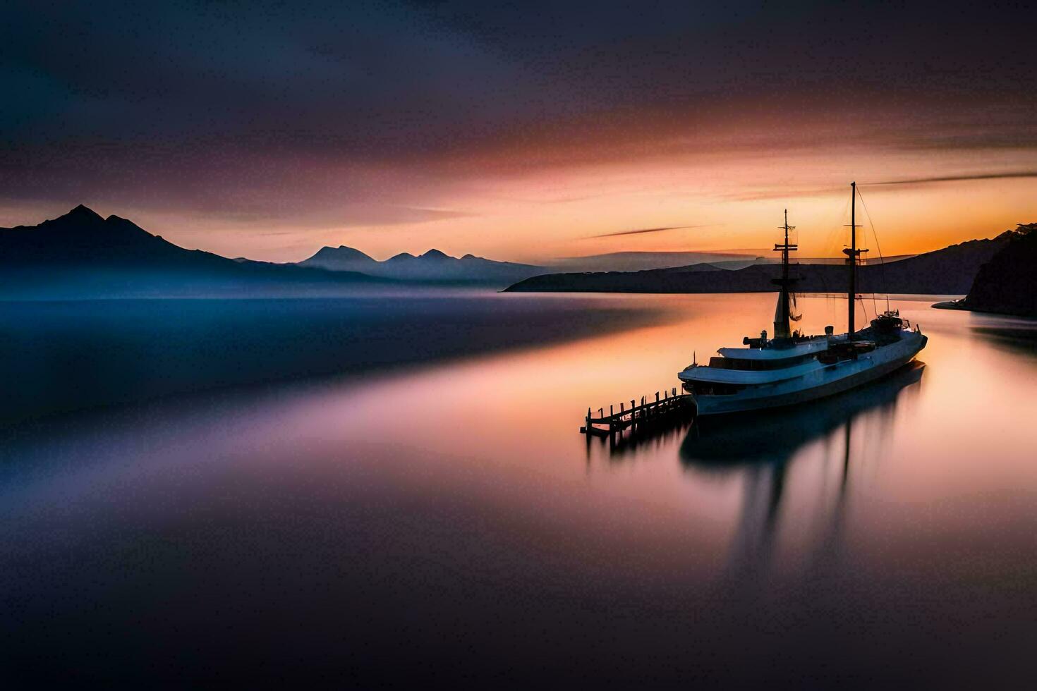 un barco es atracado a puesta de sol en el océano. generado por ai foto