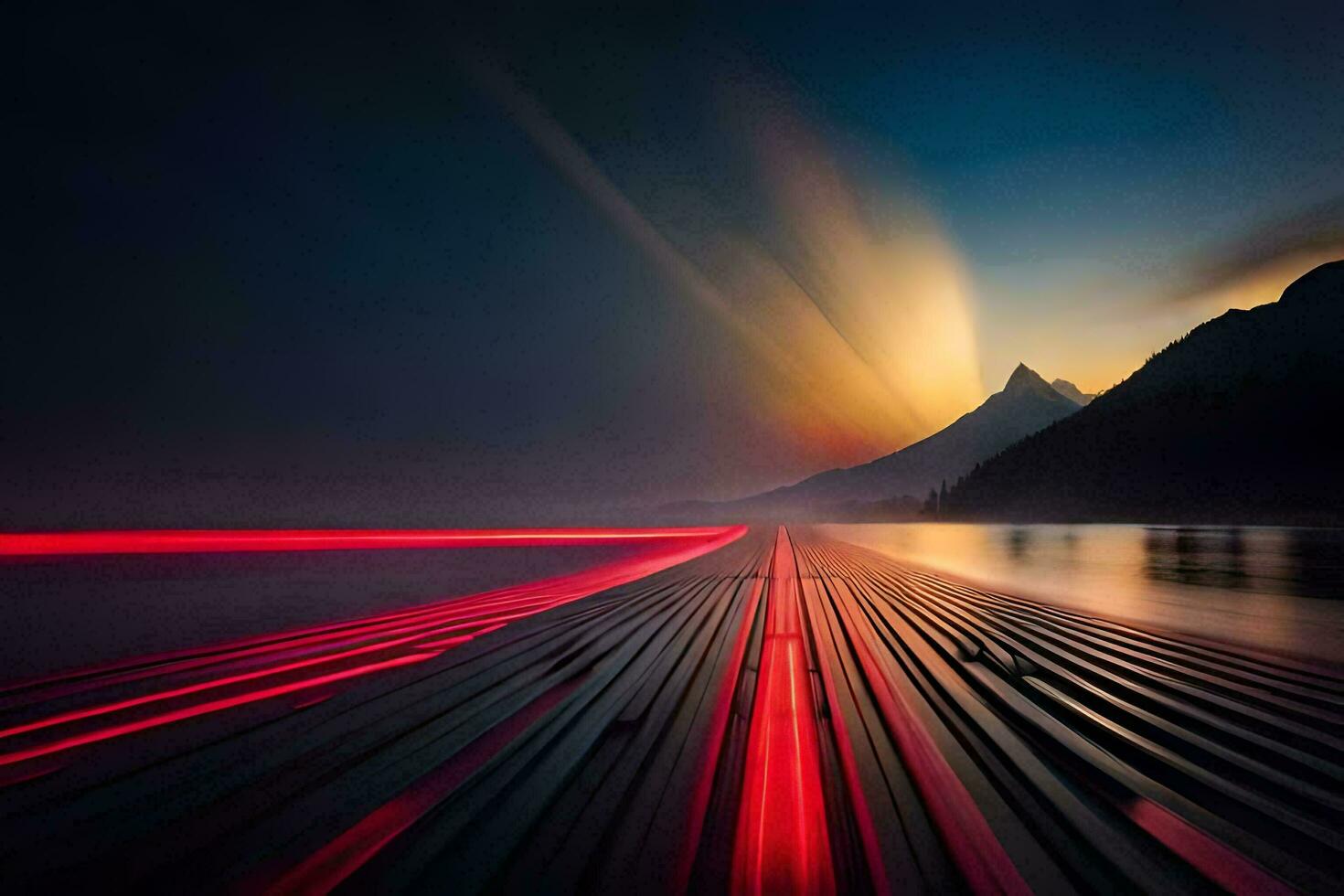 a long exposure photograph of a mountain and a lake at sunset. AI-Generated photo