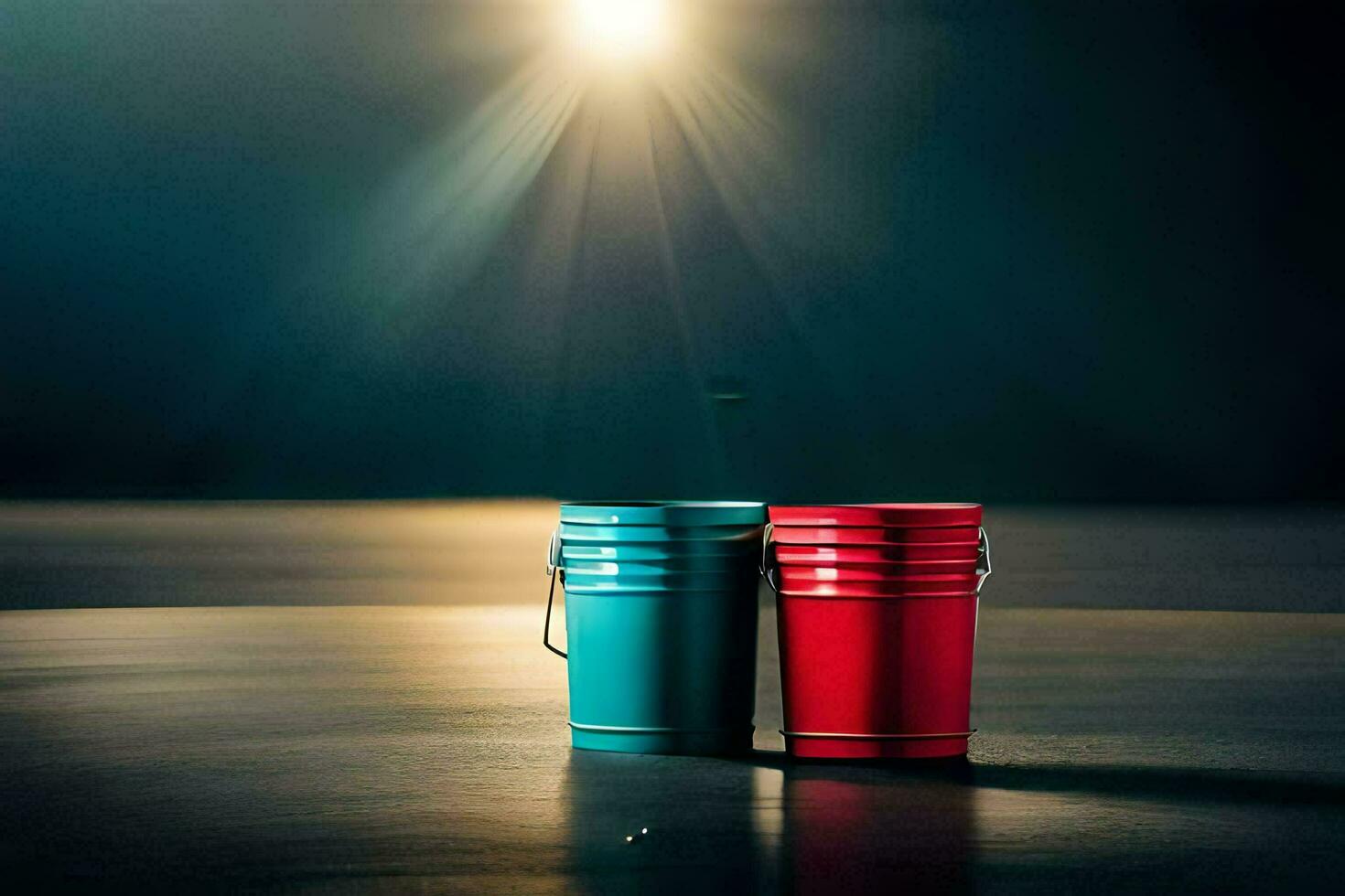 two red and blue buckets on a dark floor. AIGenerated 34306666 Stock