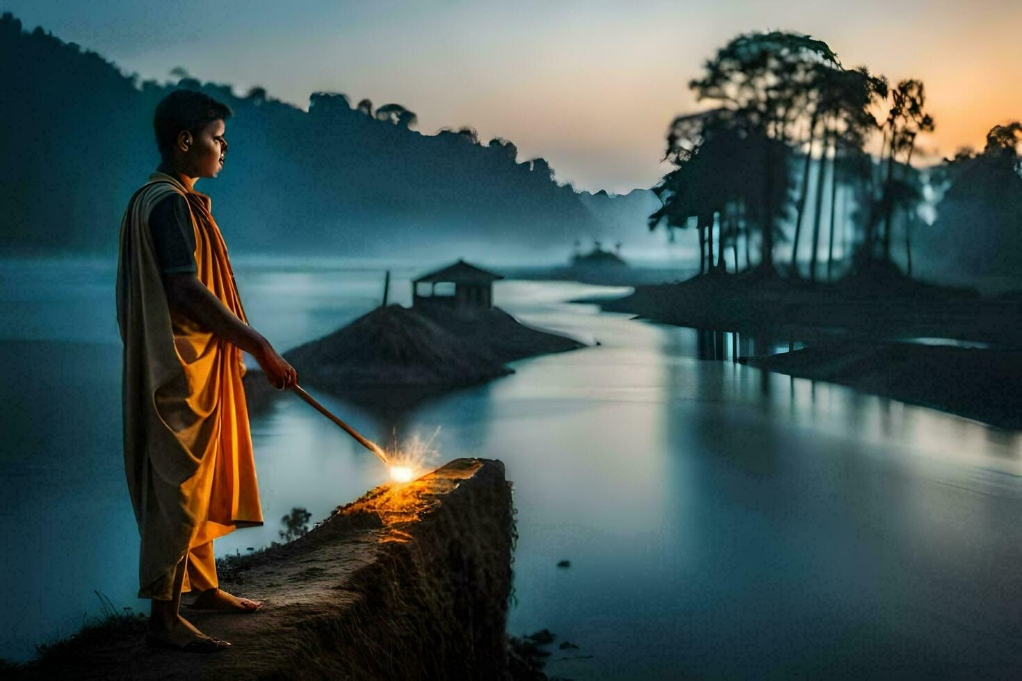 a man in an orange robe is holding a sparkler in front of a river. AI-Generated photo