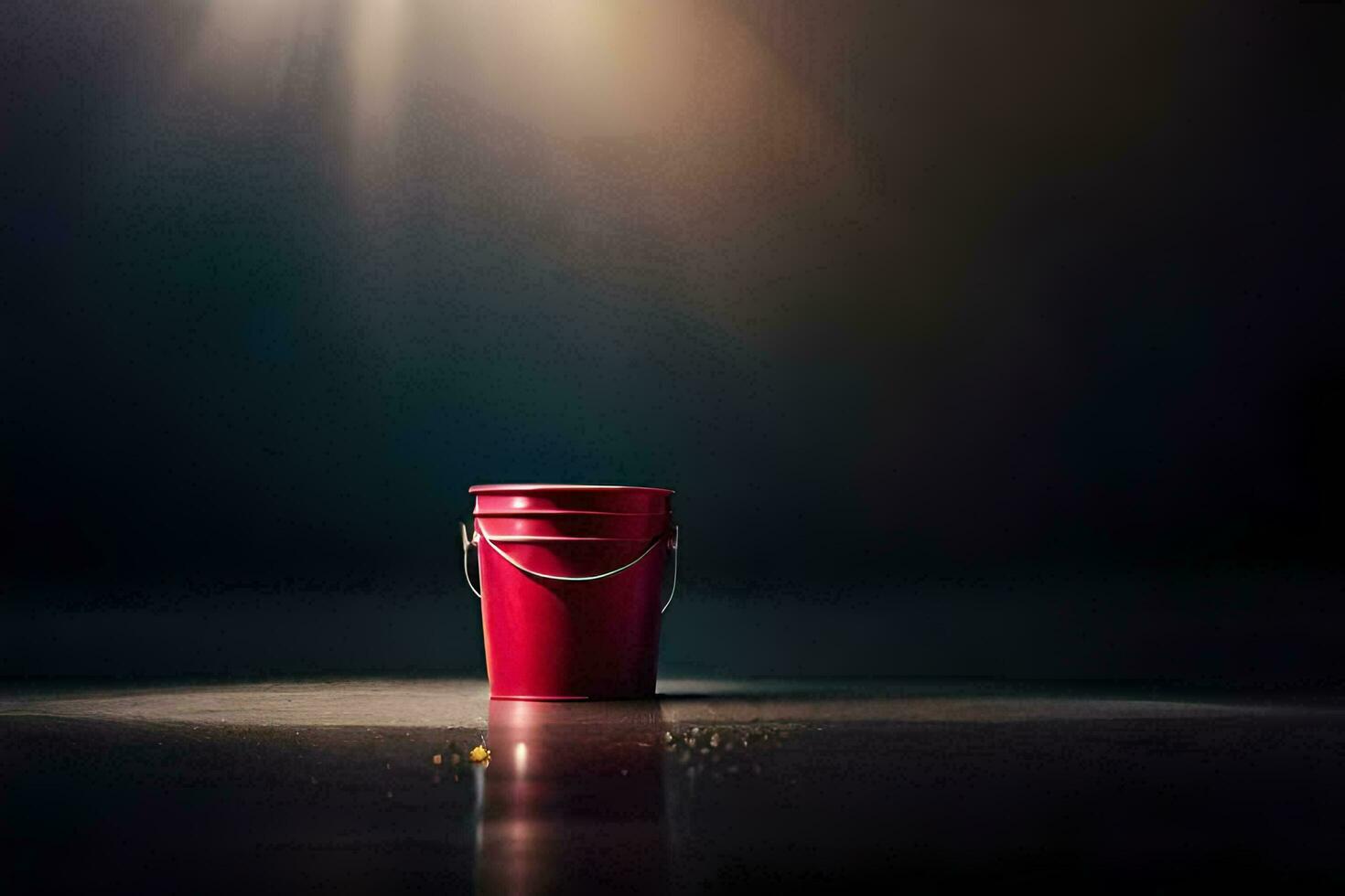 a red bucket on a dark floor with light shining through. AI-Generated photo