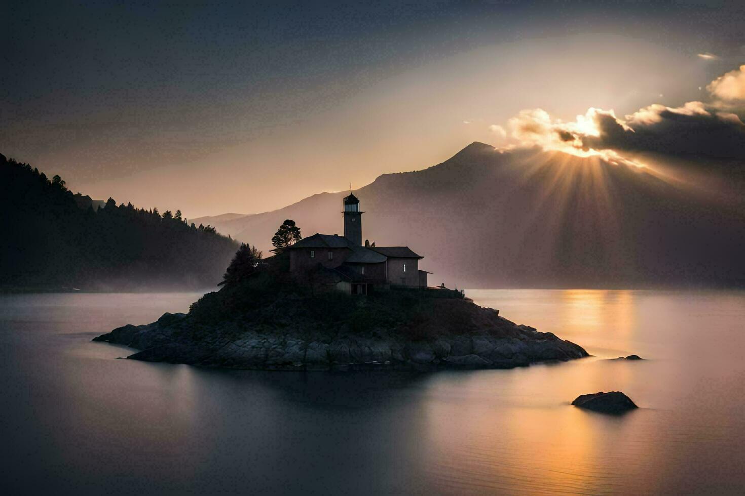 a lighthouse sits on an island in the middle of a lake. AI-Generated photo