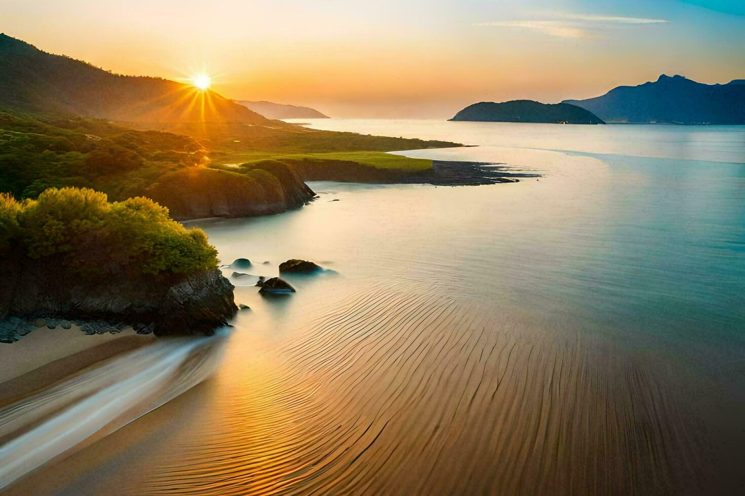 the sun is setting over a beach and mountains. AI-Generated photo