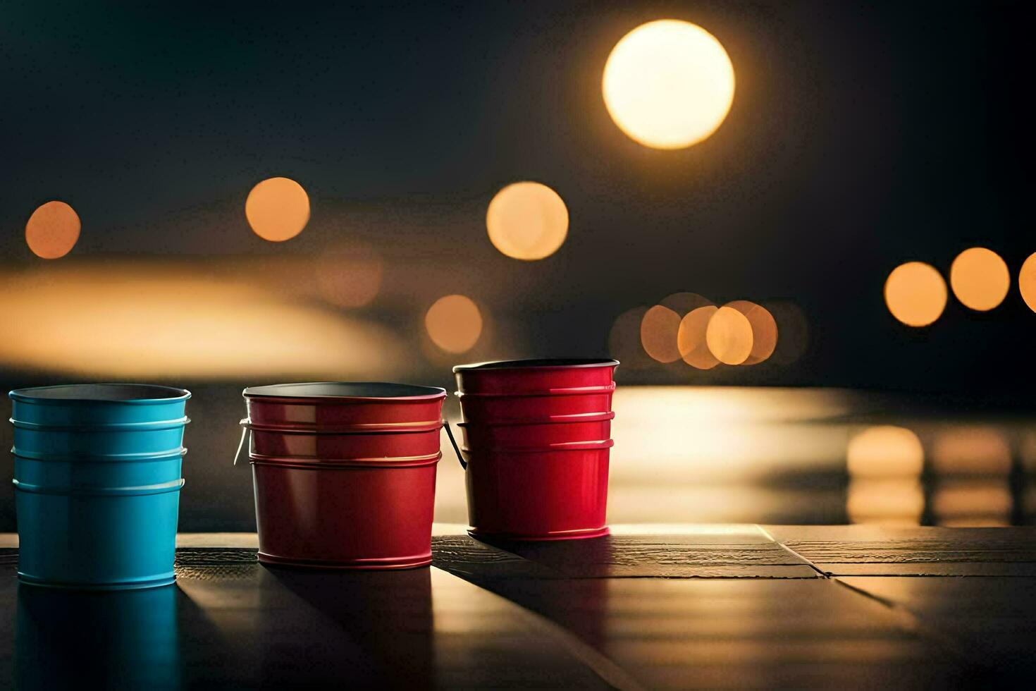 three buckets sit on a wooden table in front of a city. AI-Generated photo