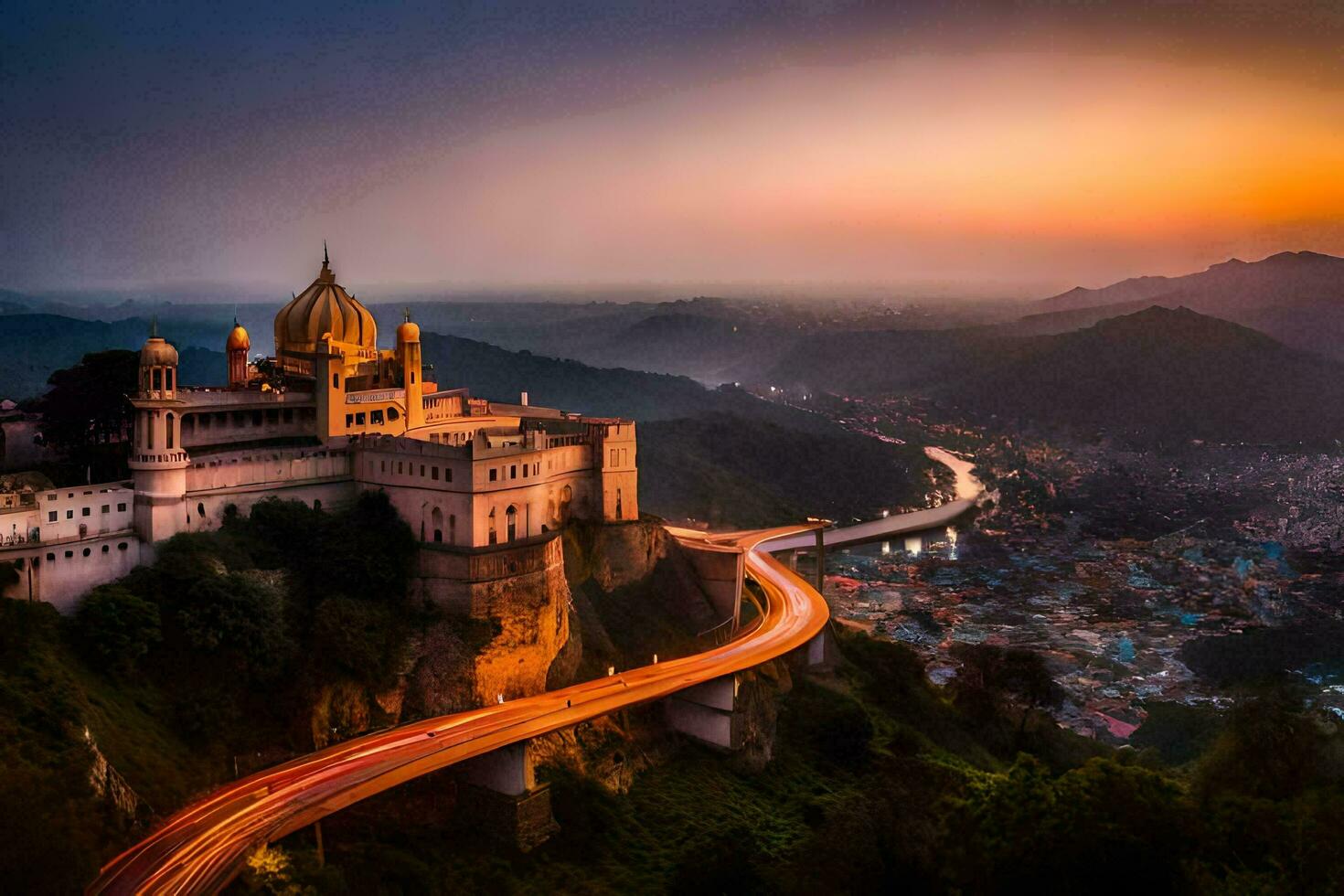 el puesta de sol terminado el ciudad de amritsar, India. generado por ai foto