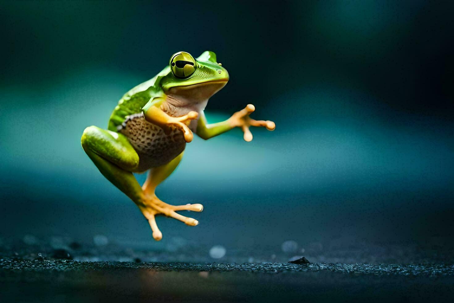 a frog jumping on the ground. AI-Generated photo