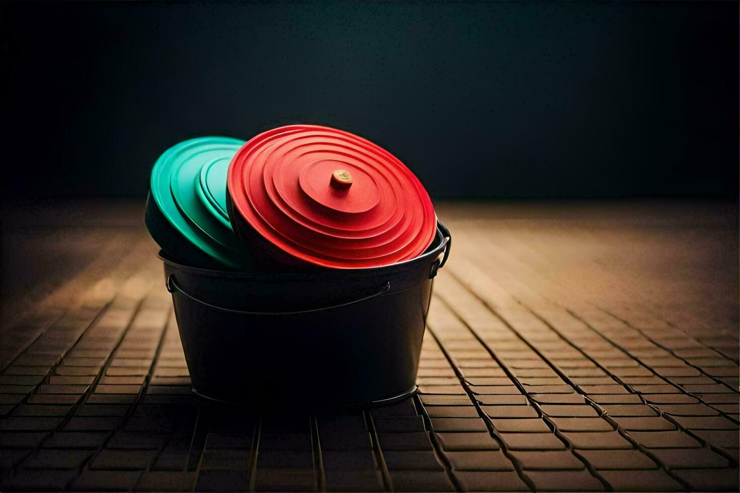 a bucket with three colorful lids sitting on a tiled floor. AI-Generated photo