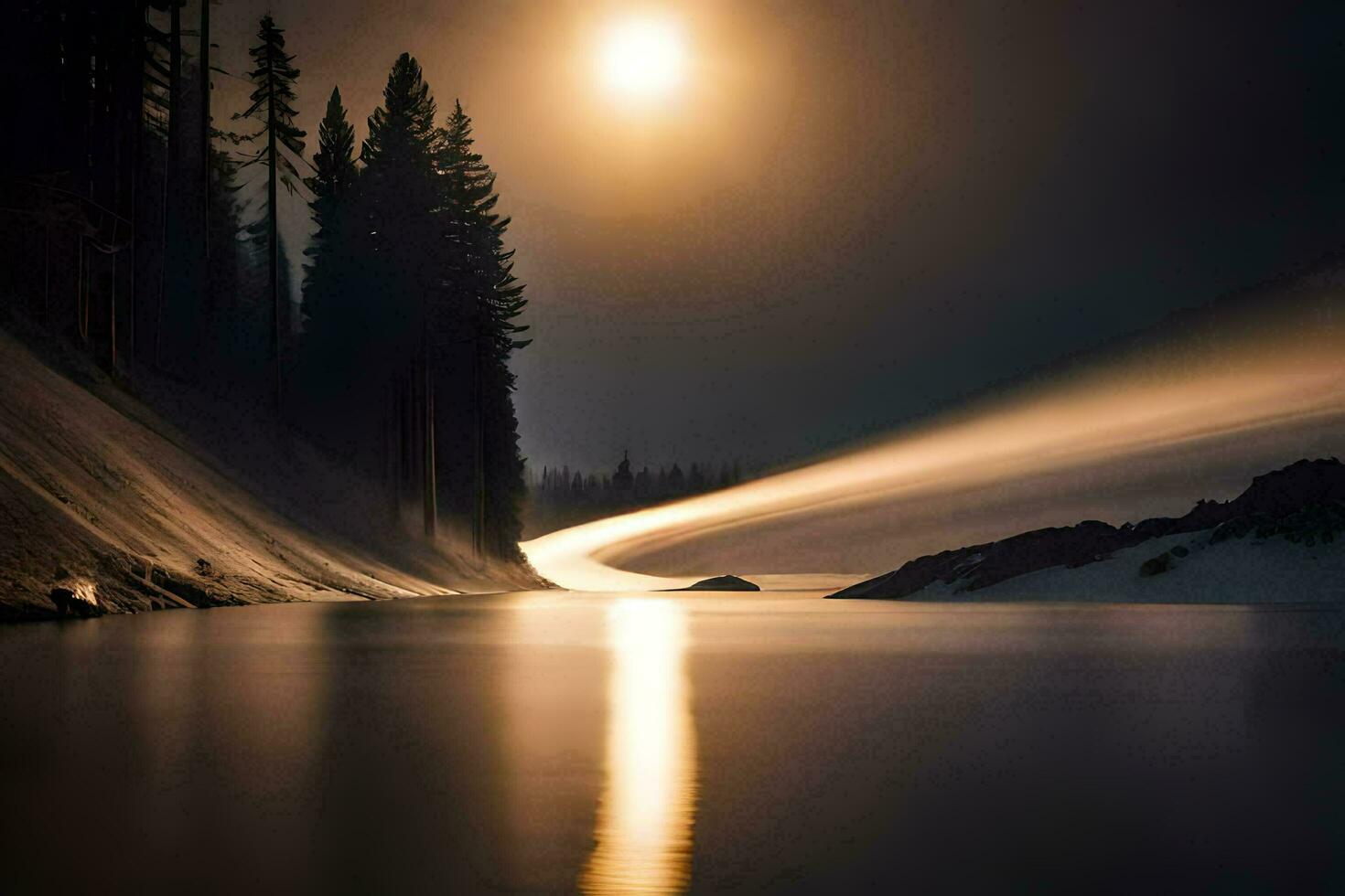 a long exposure photograph of a lake at night. AI-Generated photo