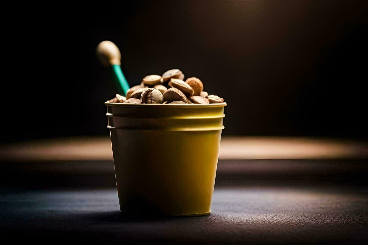 a cup of nuts with a spoon on a dark table. AI-Generated photo