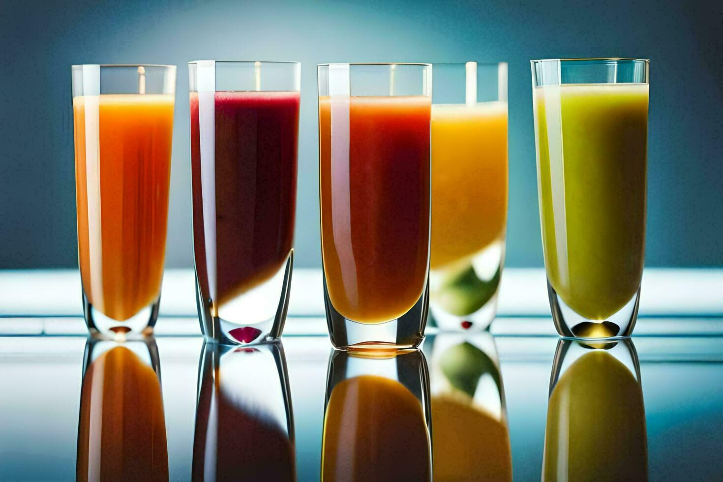 five different types of juices in glasses. AI-Generated photo