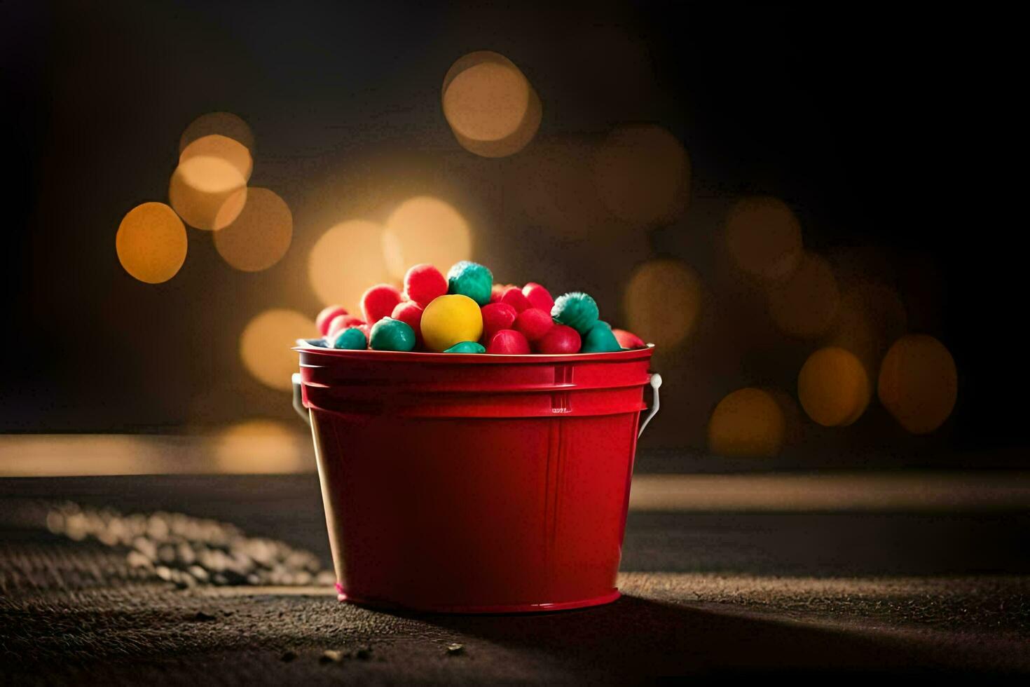 a red bucket filled with colorful candy. AI-Generated photo