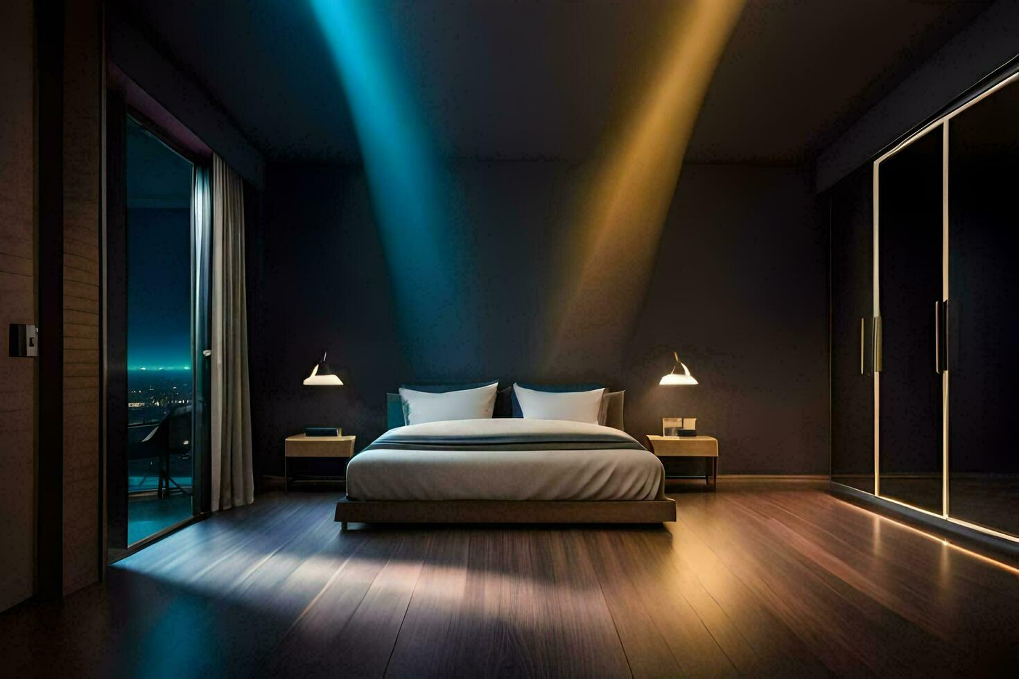 a bedroom with a bed and a light shining on it. AI-Generated photo