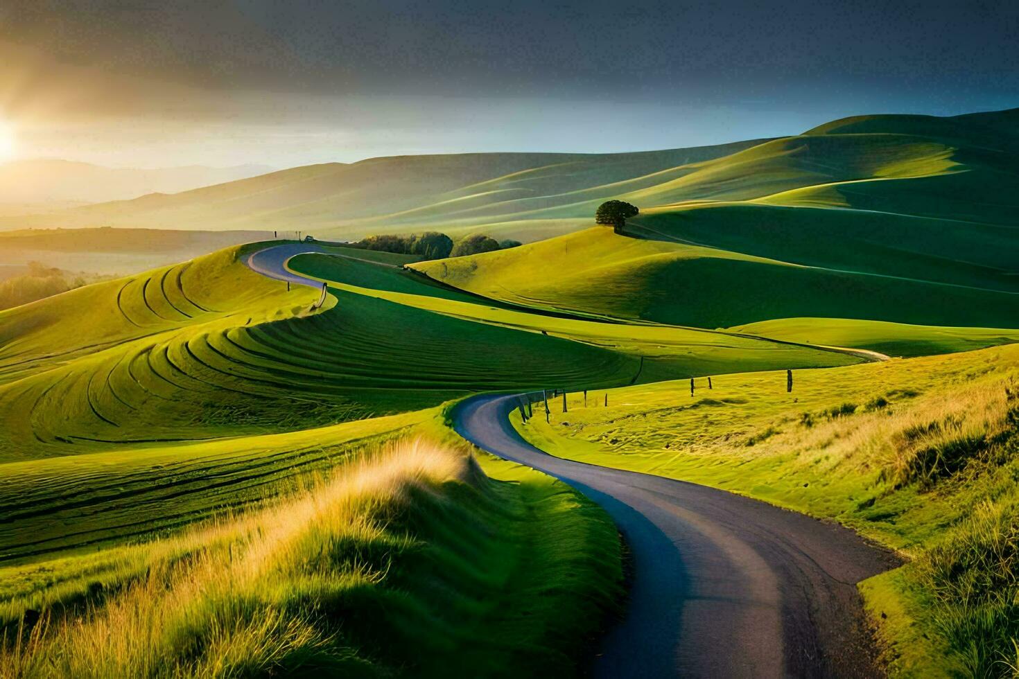 el la carretera a el puesta de sol. generado por ai foto