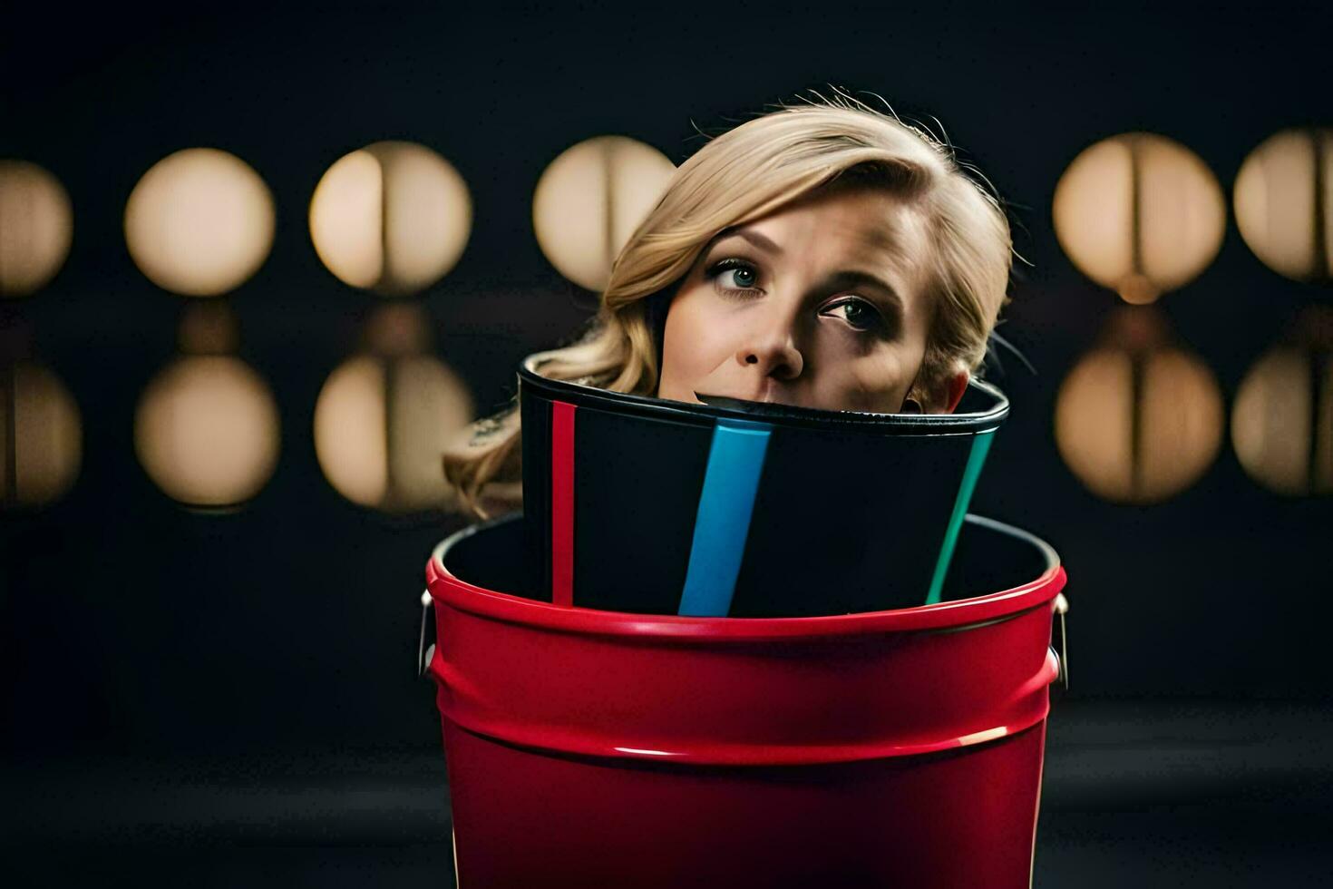 a woman with a bucket of paint on her head. AI-Generated photo