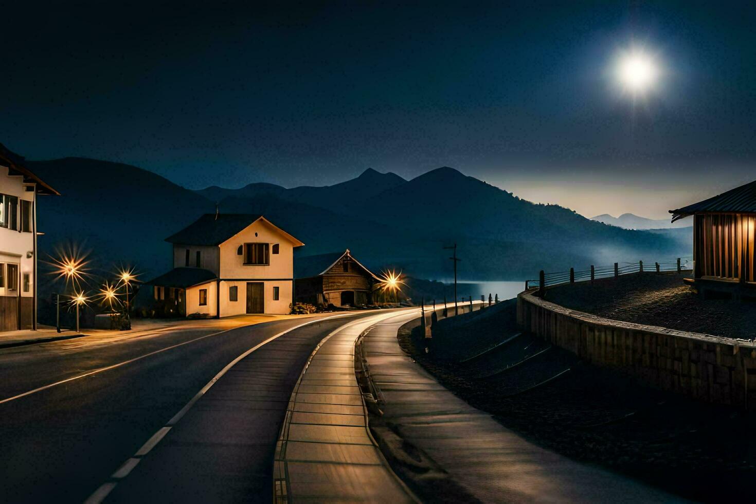 photo wallpaper the sky, mountains, road, the moon, night, the road, the moon. AI-Generated