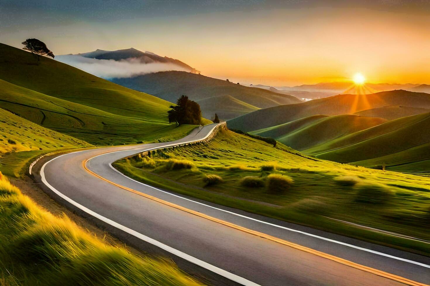 the road to the sunset. AI-Generated photo