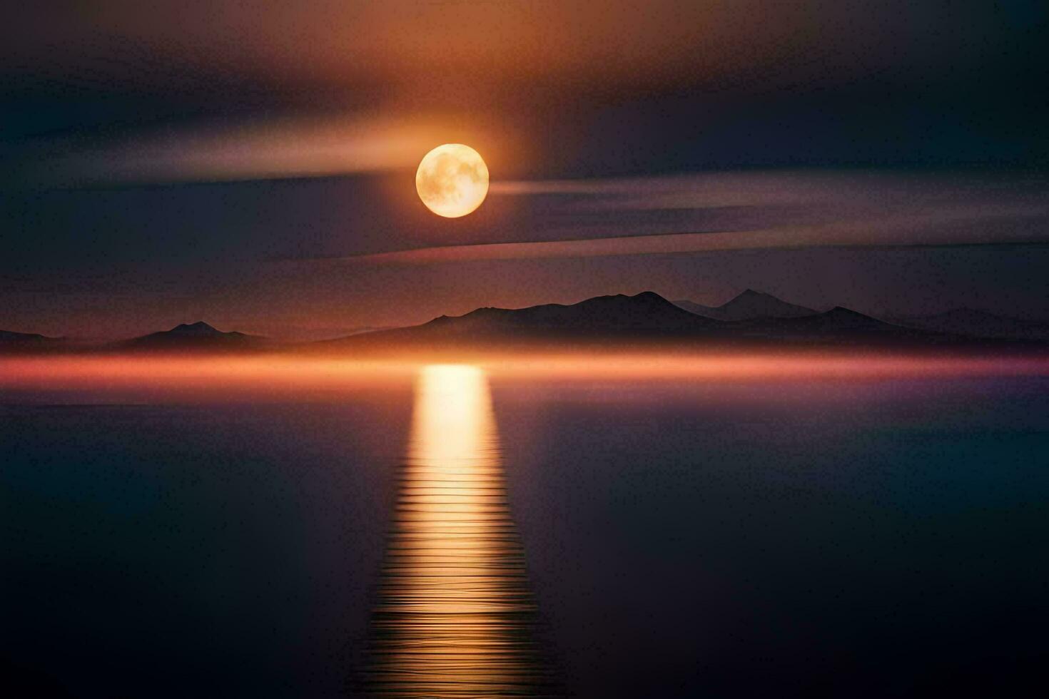 a full moon rising over the ocean and mountains. AI-Generated photo