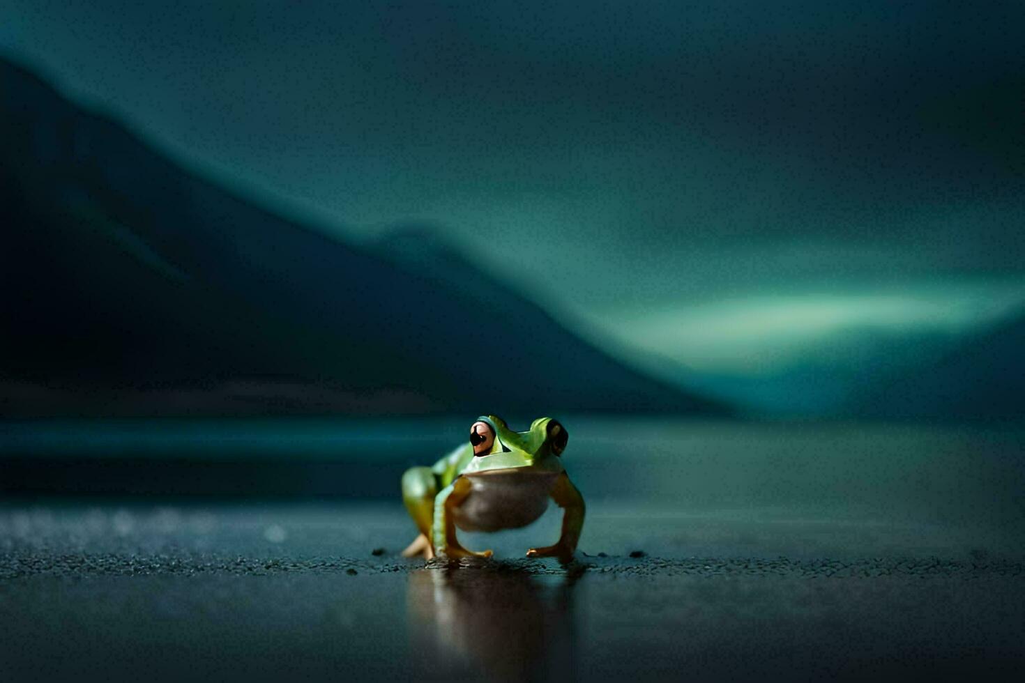 a frog sitting on the ground in front of a lake. AI-Generated photo