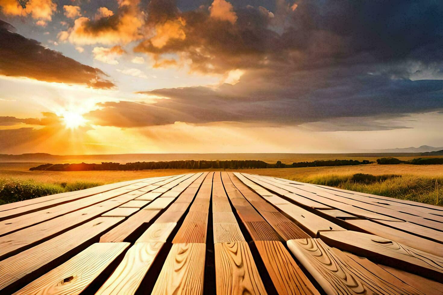 a wooden boardwalk leads to the sunset. AI-Generated photo