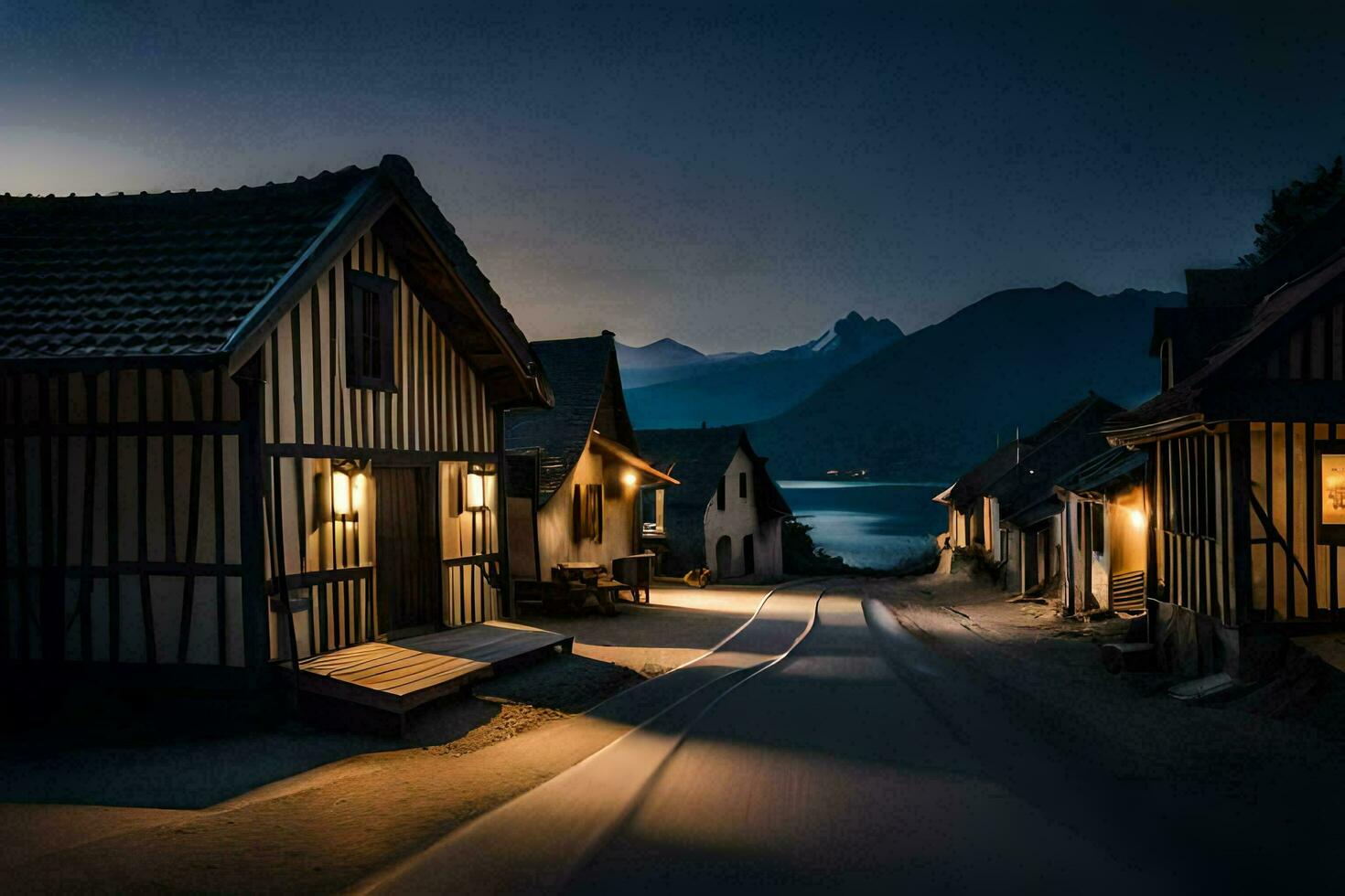 photo wallpaper the sky, night, the road, the mountains, the lake, the village,. AI-Generated