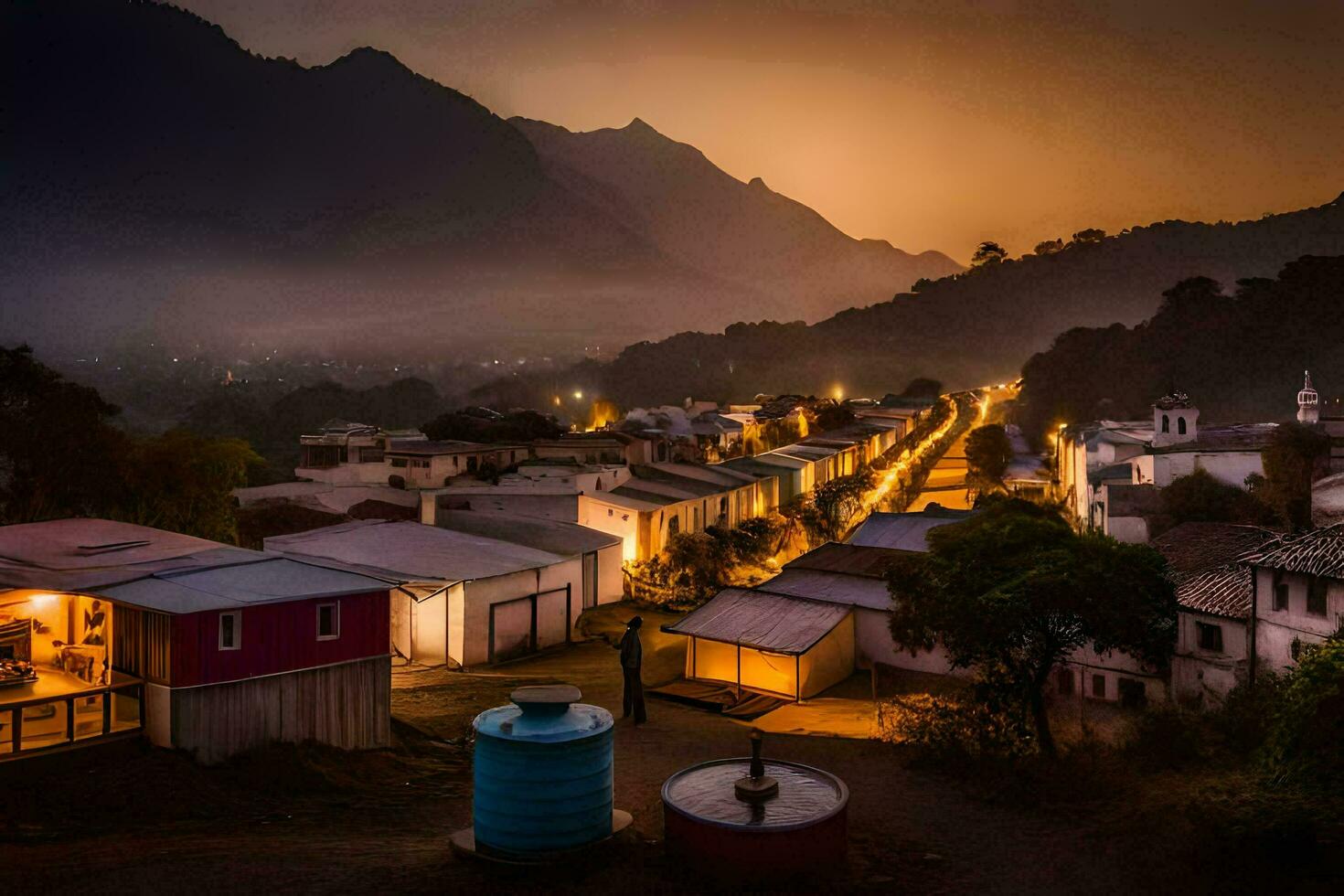 a village at dusk with mountains in the background. AI-Generated photo