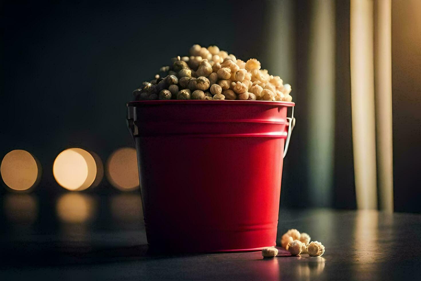 a bucket of popcorn on a table. AI-Generated photo