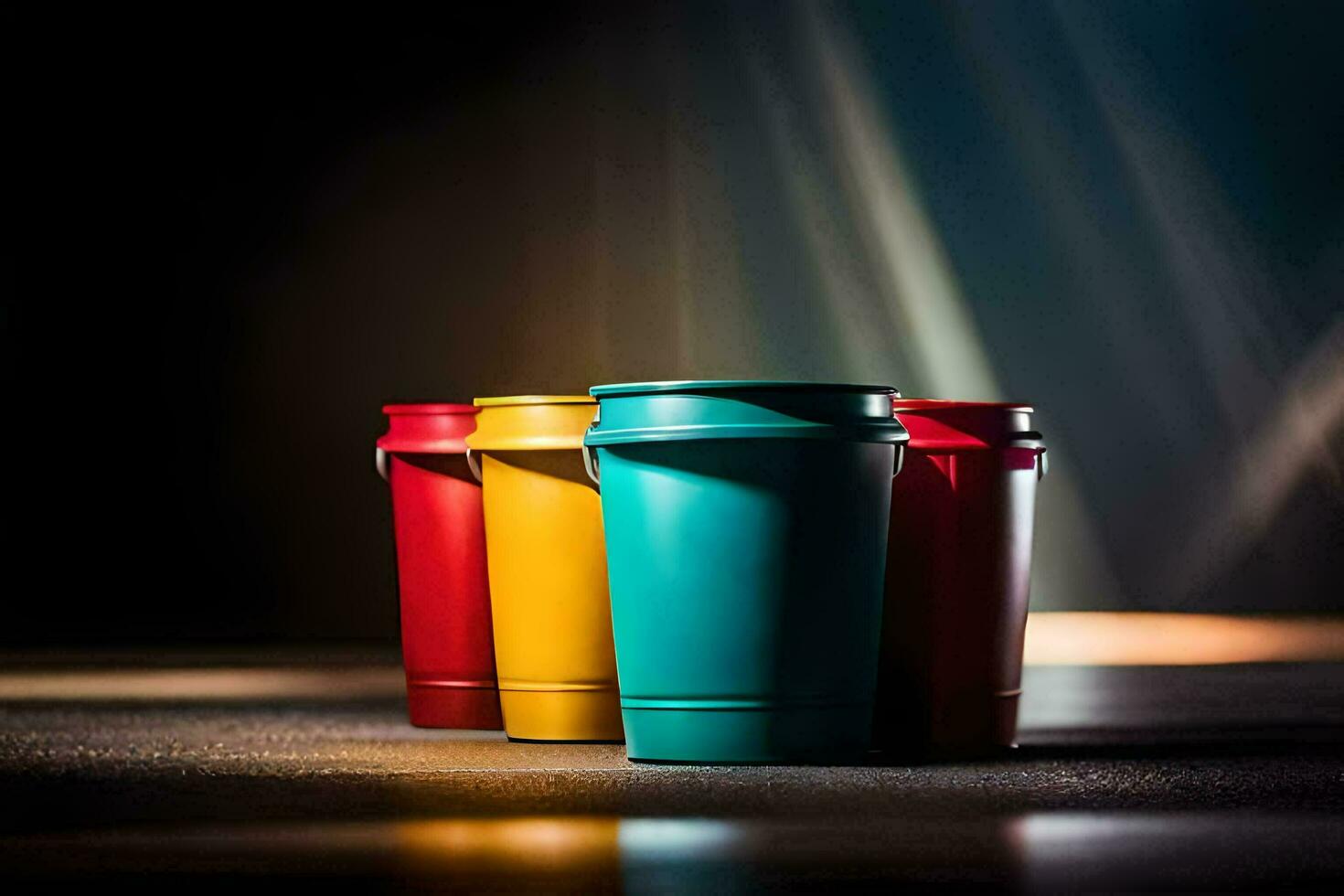 three colorful plastic cups on a dark table. AI-Generated photo