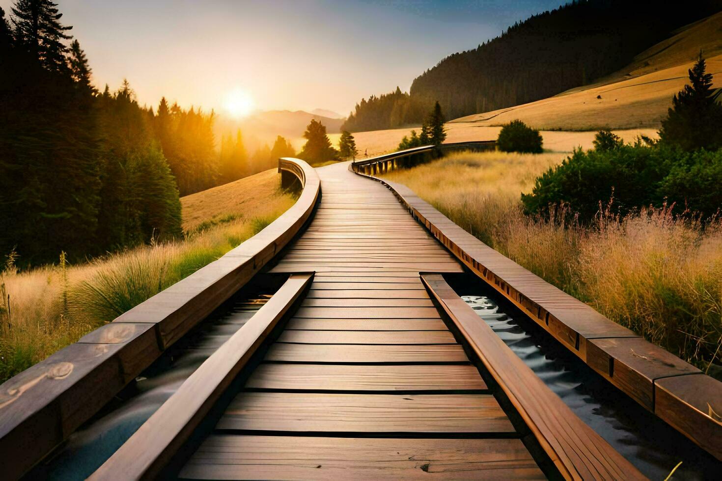 a wooden walkway leads to the sun in the mountains. AI-Generated photo