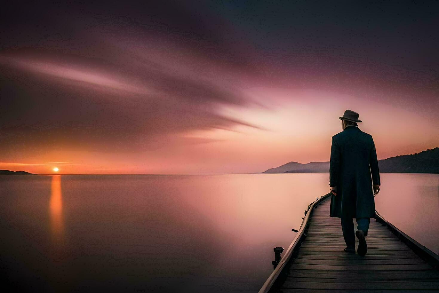 a man in a hat walks along a pier at sunset. AI-Generated photo