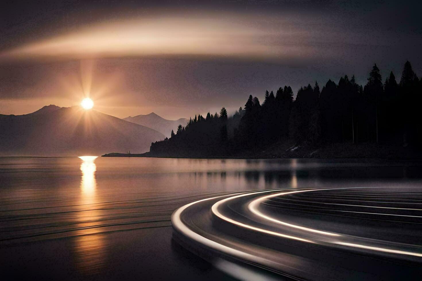 a long exposure photograph of a car driving on a road in front of a lake. AI-Generated photo