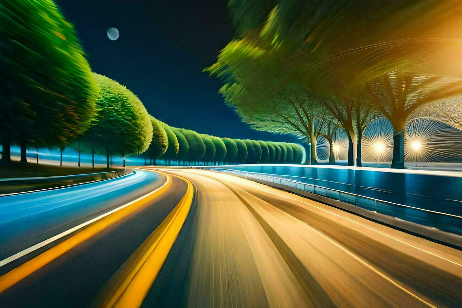 a blurry image of a road at night. AI-Generated photo