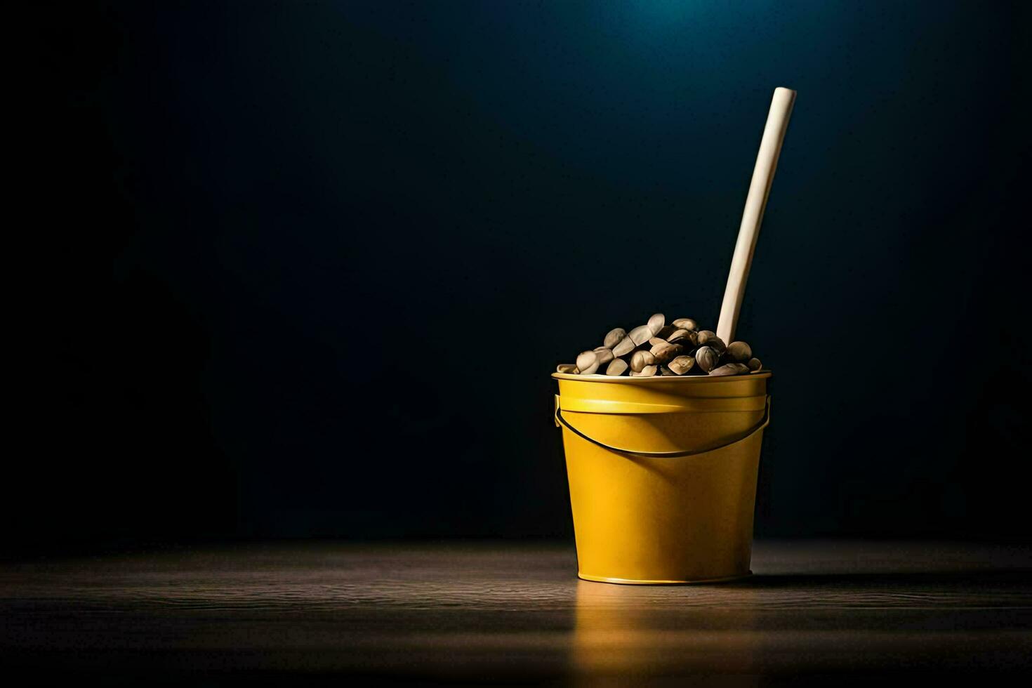a bucket filled with dog food on a dark table. AI-Generated photo