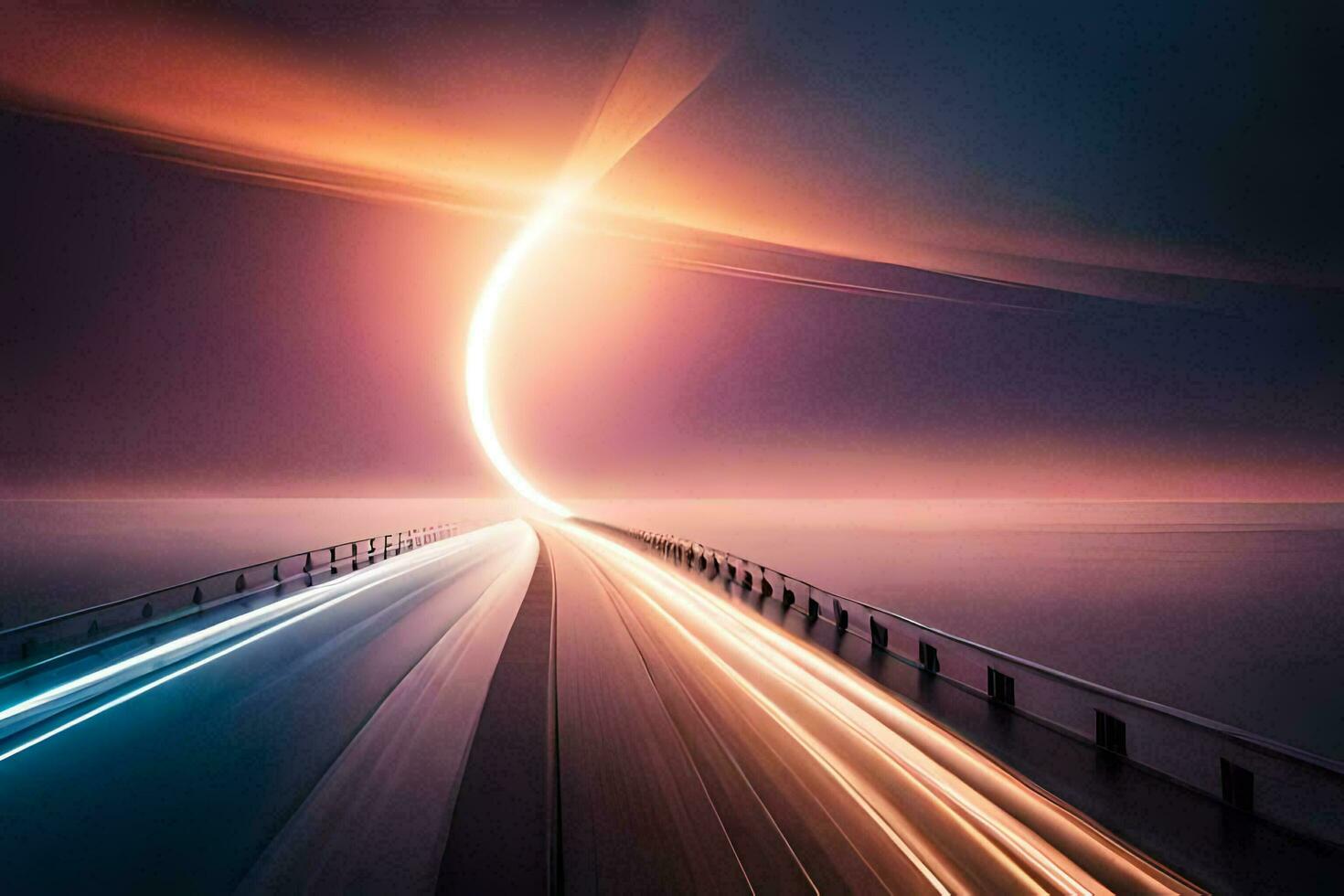 a long road with light trails going across it. AI-Generated photo