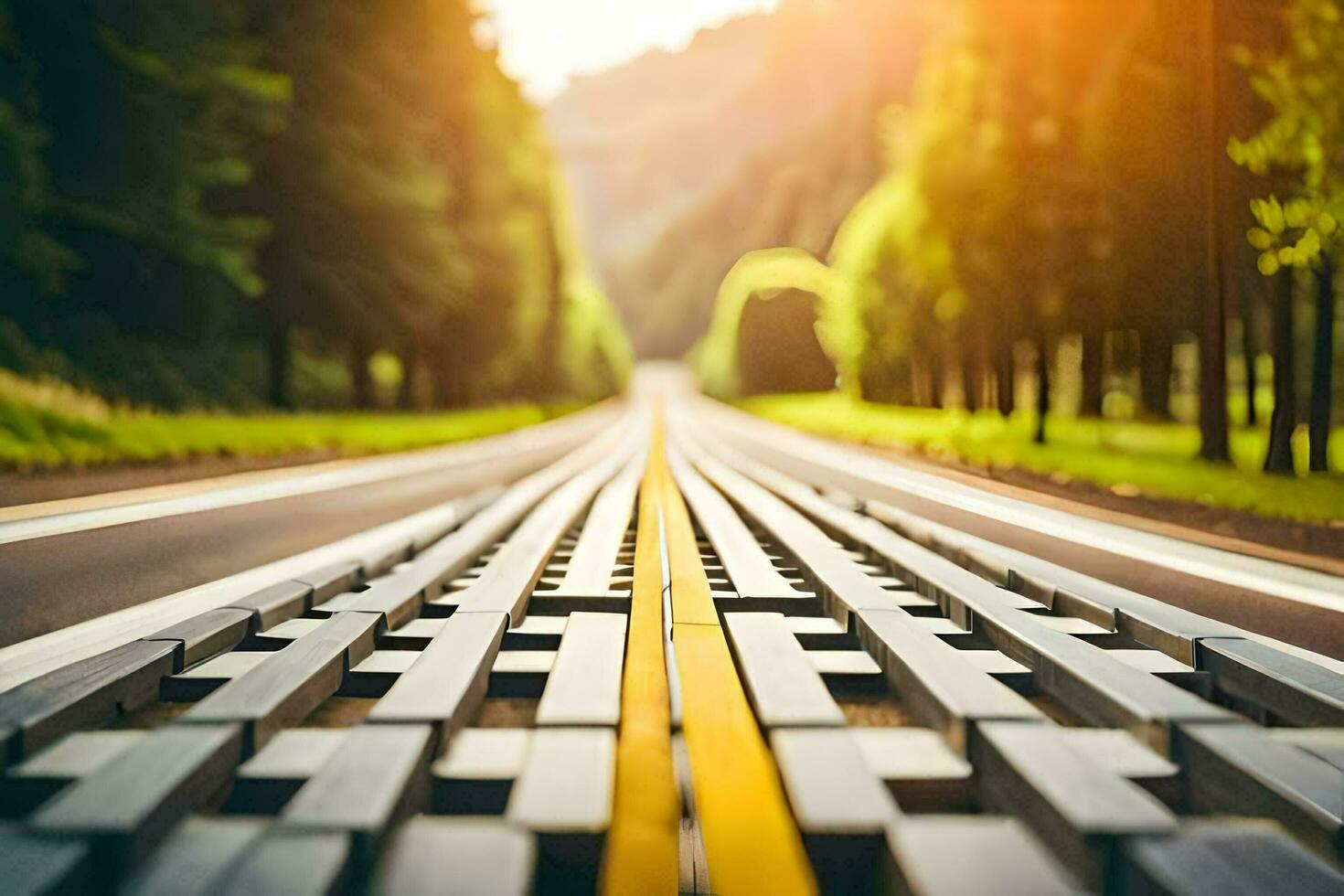 a long road with yellow lines and trees in the background. AI-Generated photo