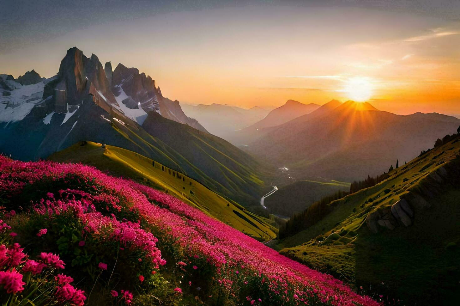 the sun rises over the mountains in this beautiful landscape. AI-Generated photo