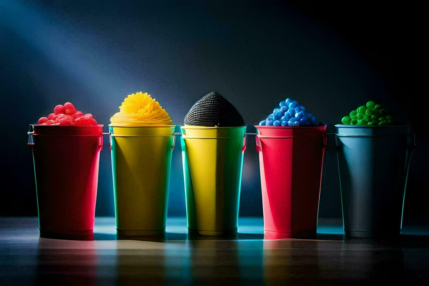 a row of colorful plastic buckets with different colored ice cream. AI-Generated photo