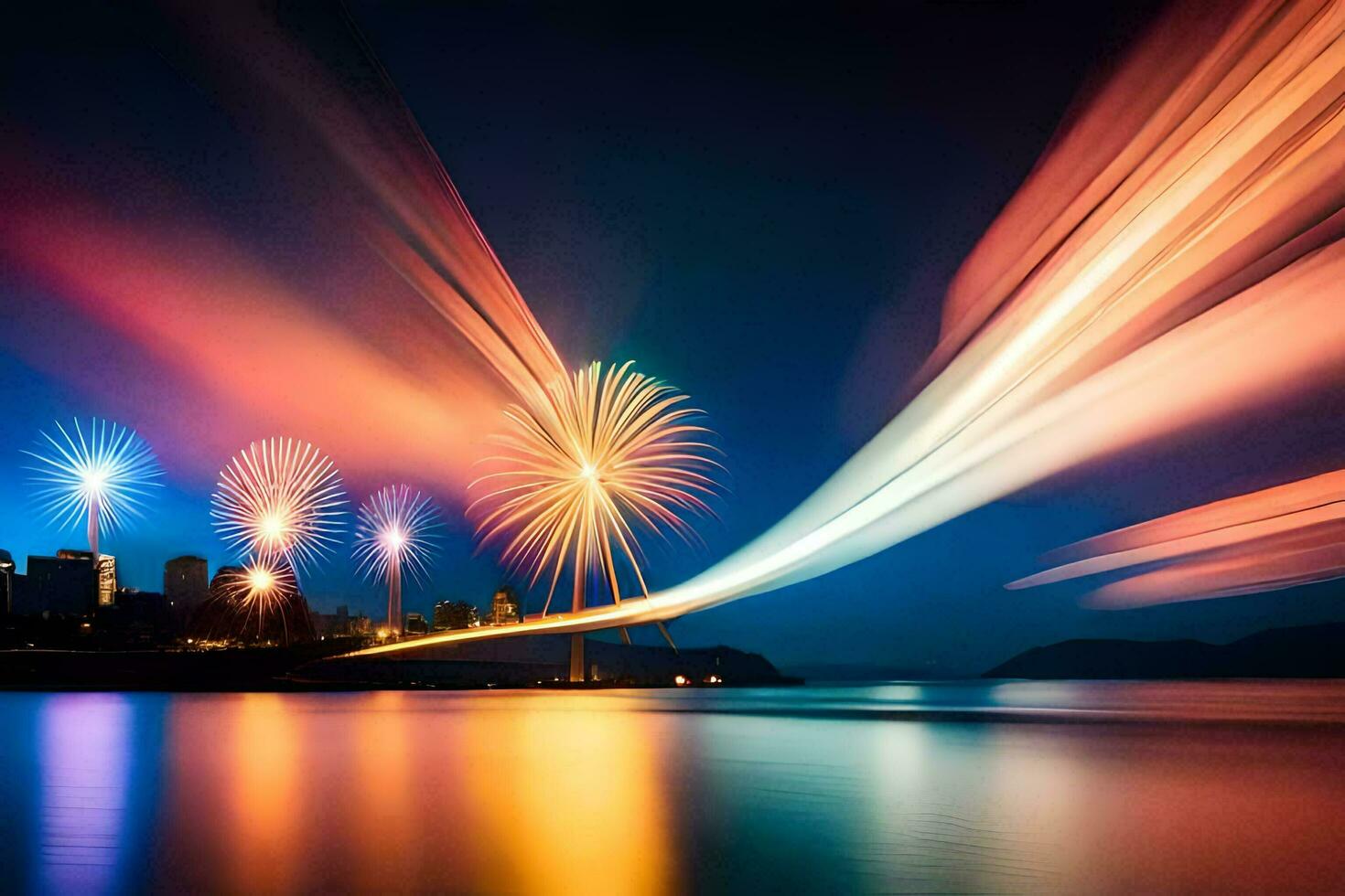 fireworks over the water with city lights in the background. AI-Generated photo