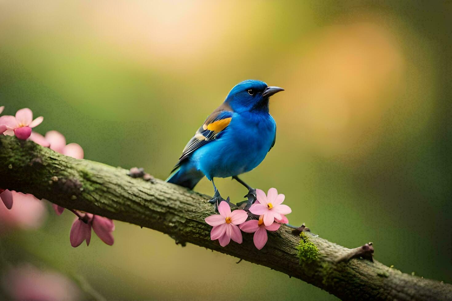 a blue bird perched on a branch with pink flowers. AI-Generated photo