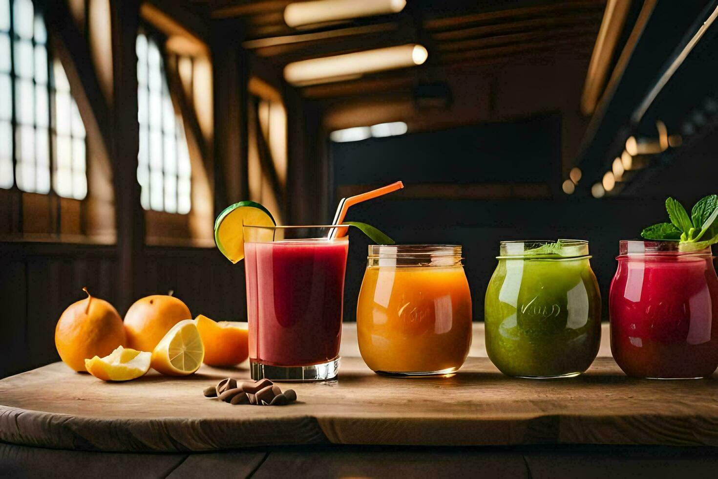 a group of juices on a wooden table. AI-Generated photo