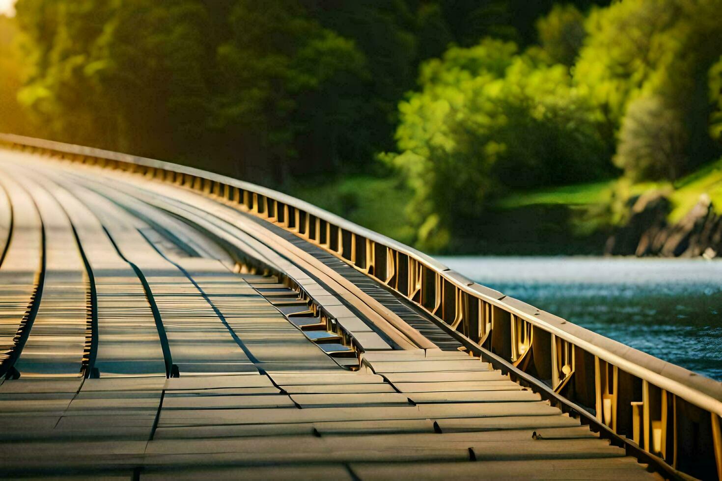 a long wooden bridge over a river. AI-Generated photo