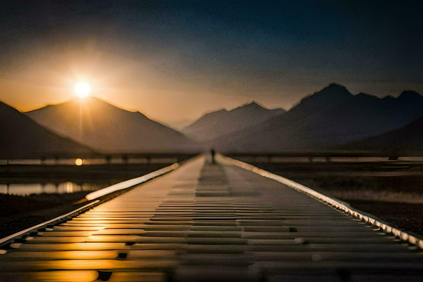 a long wooden bridge with the sun setting behind it. AI-Generated photo